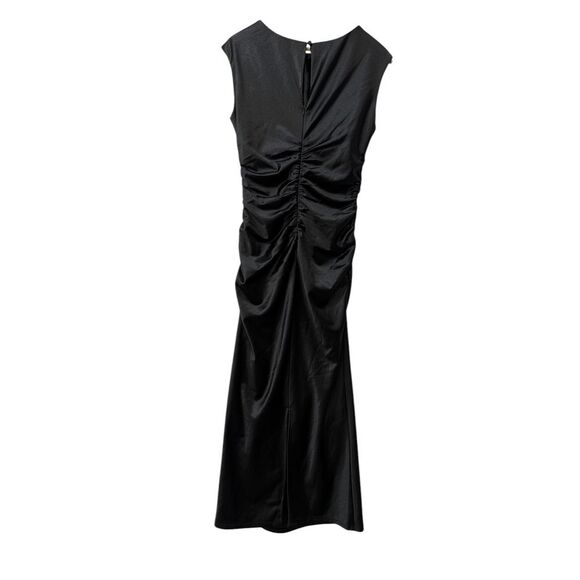 Chelsea28 Elegant Black Satin Ruched Midi‎ Dress Cocktail Party Formal Size S - Picture 5 of 5